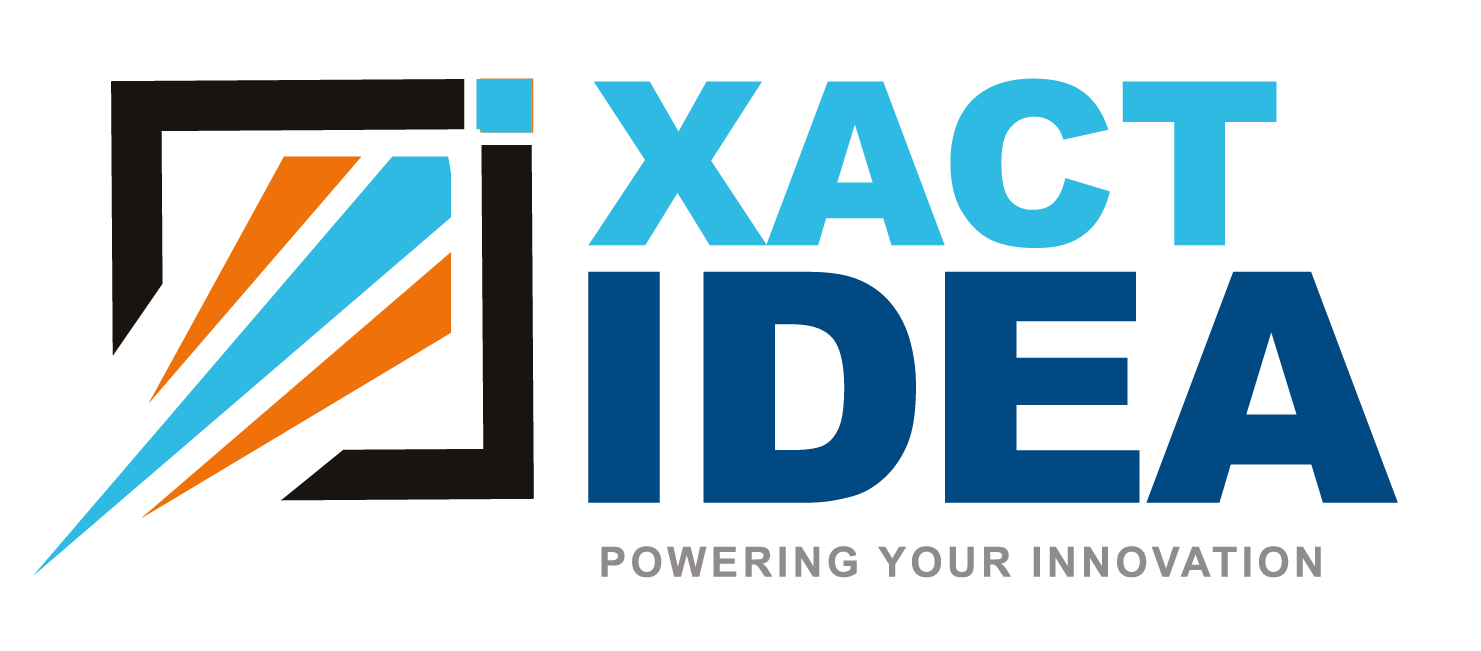 Xact Idea modern logo sky blue icon with dark text